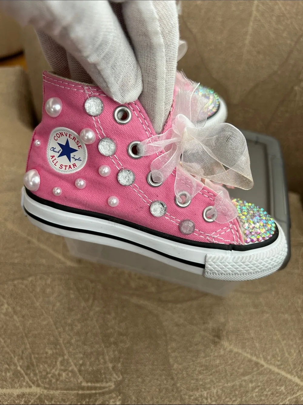 Converse Kids Pink High-Top Sneakers with Rhinestone Toe & Pearl Accents